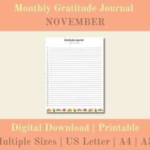 Diario mensual de gratitud imprimible, Gratitud diaria, Diario de gratitud de noviembre, Diario de gratitud digital, Descarga digital, Carta de EE. UU., A4