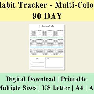 Rastreador de hábitos de 90 días multicolor imprimible, rastreador semanal digital, desafío de hábitos, planificador de hábitos diario, descarga digital, carta de EE. UU., A5