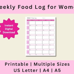 Printable Weekly Food Log, Weekly Food Log, Meal Tracker, Food Tracker, Weekly Food Journal, Digital Download, US Letter, A4, A5