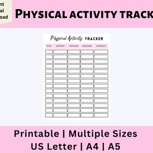 Physical Activity Tracker Printable, Physical Activity Log, Fitness Log, Exercise Log, Workout Log, Digital Download, US Letter, A4, A5, PDF