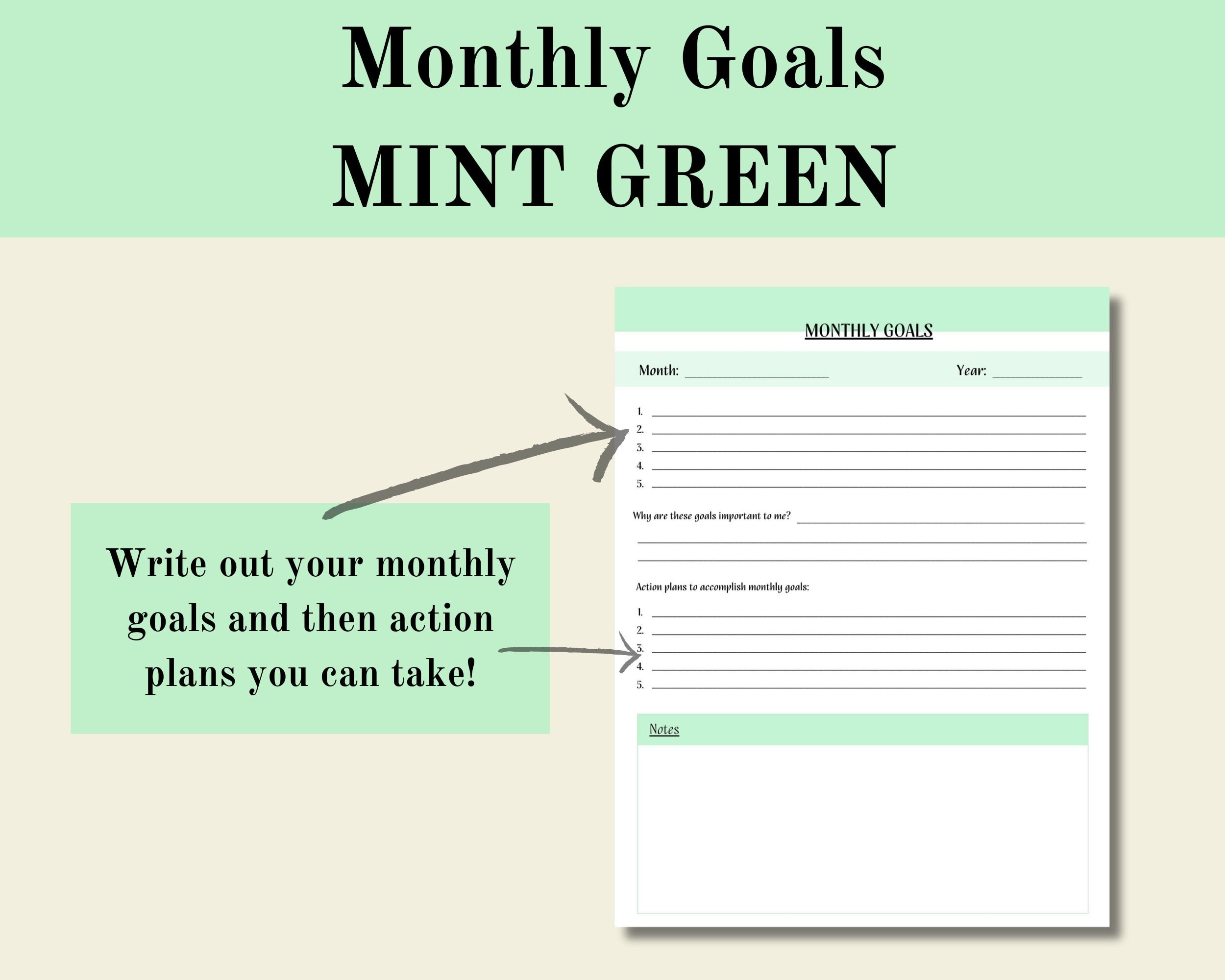 Monthly Goals Mint Green, Goals Digital Printable, Goal Setting ...