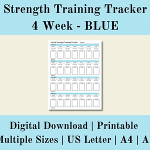 Entrenamiento de fuerza semanal 4 Week Tracker Blue, Fitness Tracker, Weight Lifting Tracker, Workout Tracker, Descarga digital, Carta de EE. UU., A4, A5