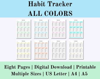 May include: Eight printable habit tracker pages in different colors, including green, blue, pink, yellow, and orange. The pages are designed for use with US Letter, A4, and A5 paper sizes.
