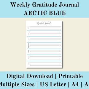 Diario de gratitud semanal azul imprimible, Diario de gratitud diario azul digital, Atención plena diaria, Descarga digital, Carta de EE. UU., A4, A5