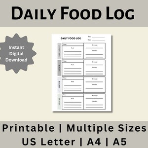 Registro diario de alimentos imprimible, Registro diario de alimentos, Rastreador de comidas, Rastreador de alimentos, Diario de alimentos, Diario de alimentos, Descarga digital, Carta de EE. UU., A4, A5