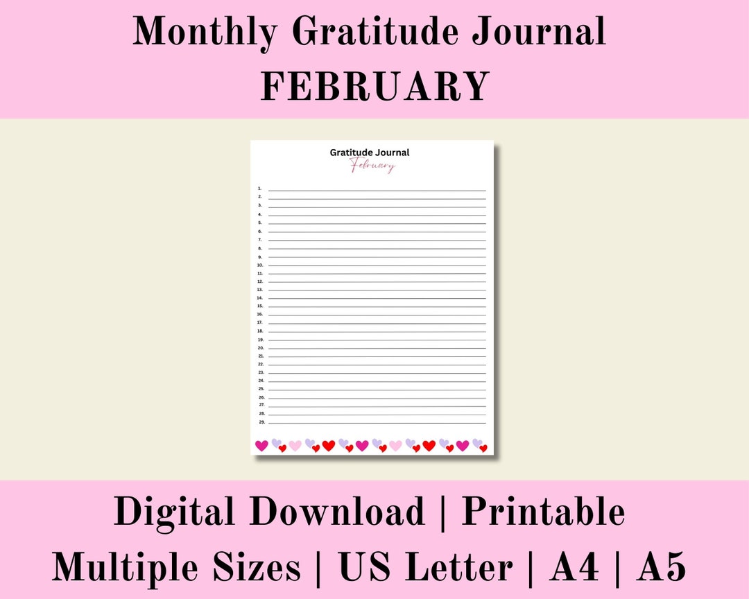 Monthly Gratitude Journal Printable Daily Gratitude February