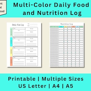 Registro alimentare e nutrizionale giornaliero stampabile, Registro alimentare giornaliero, Registro nutrizionale, Monitoraggio dei pasti, Monitoraggio degli alimenti, Download digitale, Lettera USA, A4, A5