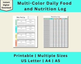 Printable Daily Food and Nutrition Log, Daily Food Log, Nutrition Log, Meal Tracker, Food Tracker, Digital Download, US Letter, A4, A5