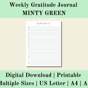 Minty Green Weekly Gratitude Journal imprimible, Minty Green Daily Gratitude Journal Digital, Descarga digital, Carta de EE. UU., A4, A5