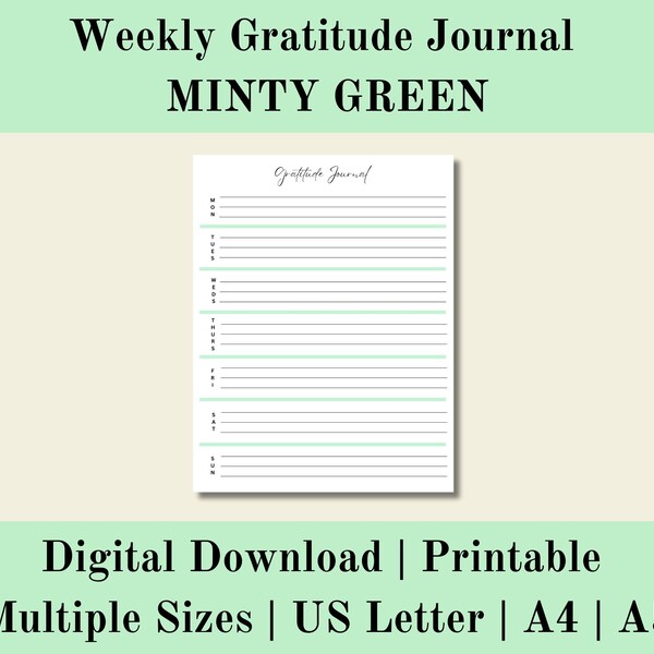 Minty Green Weekly Gratitude Journal Printable, Minty Green Daily Gratitude Journal Digital, Digital Download, US Letter, A4, A5