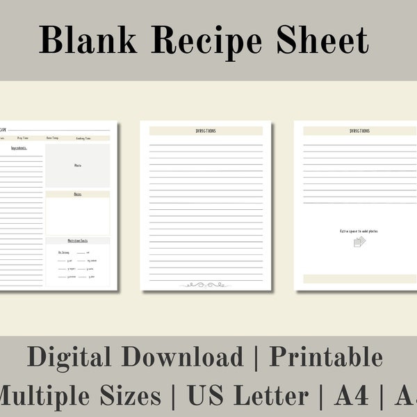 Blank Recipe Page, Printable Blank Recipe Page, Recipe Planner, Recipe Journal, Recipe Book, Digital Download, US Letter, A4, A5