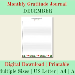 Diario mensual de gratitud imprimible, Gratitud diaria, Diario de gratitud de diciembre, Diario de gratitud digital, Descarga digital, Carta de EE. UU., A4