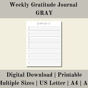 Diario de gratitud semanal gris imprimible, Diario de gratitud diario gris digital, Atención plena diaria, Descarga digital, Carta de EE. UU., A4, A5
