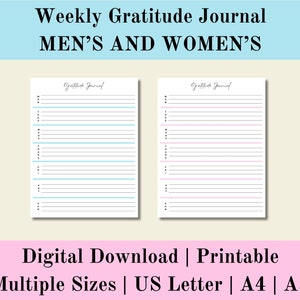Diario semanal de gratitud imprimible para hombres y mujeres, diario de gratitud diario para hombres y mujeres digital, descarga digital, carta de EE. UU., A4, A5
