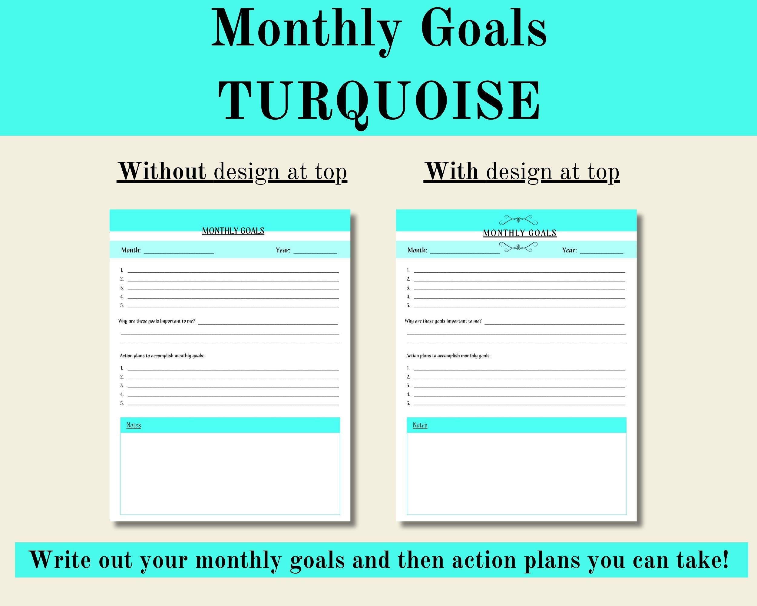 Monthly Goals Turquoise, Goals Digital Printable, Goal Setting ...