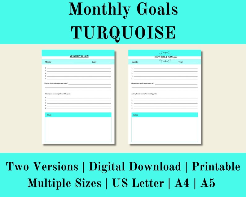 Monthly Goals Turquoise, Goals Digital Printable, Goal Setting ...