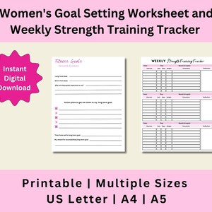 Seguimiento de entrenamiento de fuerza semanal imprimible, hoja de trabajo de establecimiento de objetivos, levantamiento de pesas, seguimiento de actividad física, descarga digital, carta de EE. UU., A4, A5