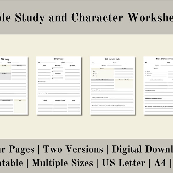 Bible Study and Character Worksheets, Digital Bible Study, Bible Character Study, Bible Reading, Digital Download, US Letter, A4, A5