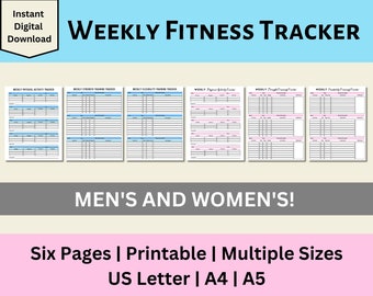 Puede incluir: Planificador de entrenamiento físico semanal imprimible con seis páginas. El planificador incluye secciones para actividad física, entrenamiento de fuerza, entrenamiento de flexibilidad, seguimiento del progreso y entrenamiento de flexibilidad. El planificador está disponible en los tamaños US Letter, A4 y A5.