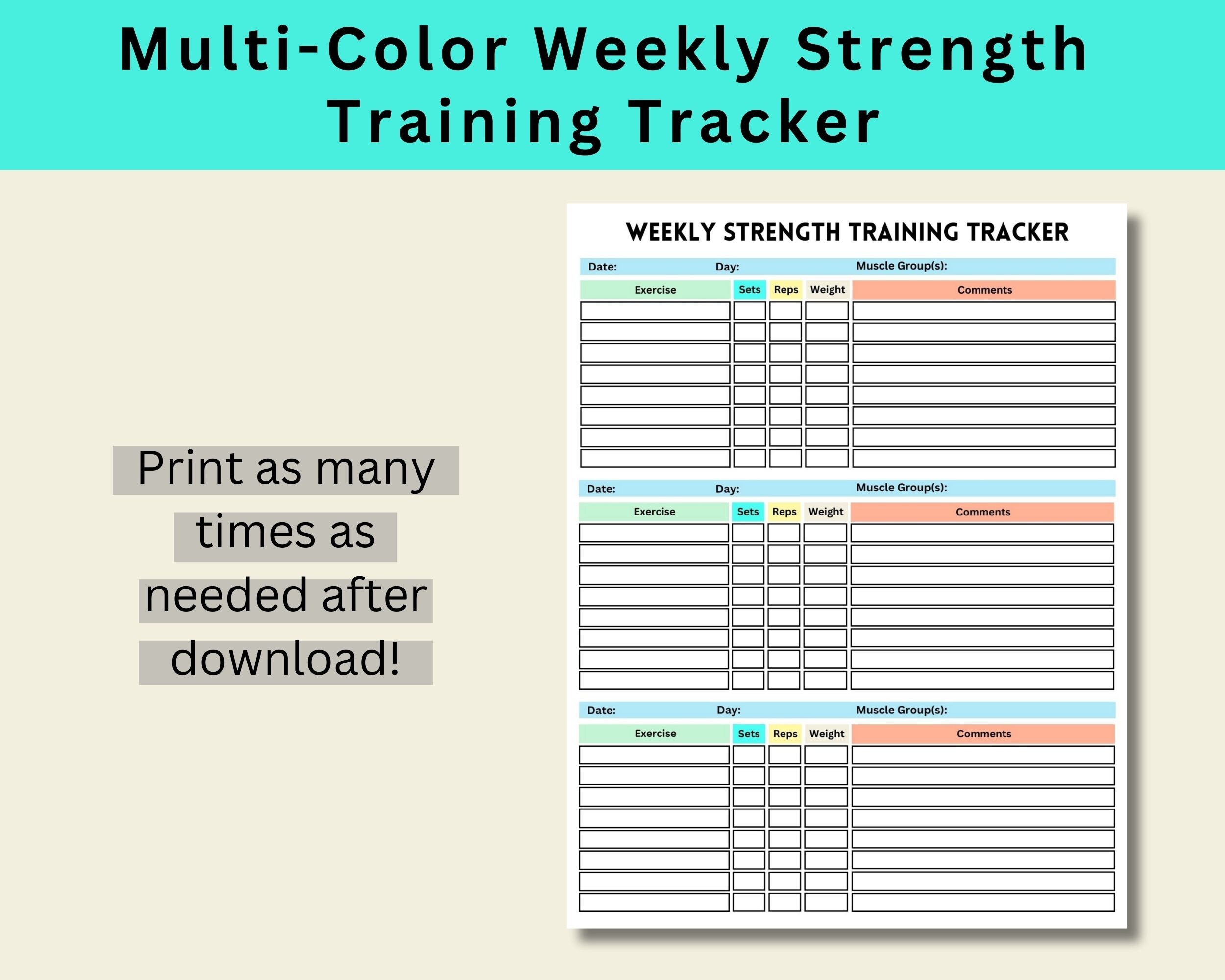 Strength Training Tracker Printable, Weekly Strength Training Tracker ...