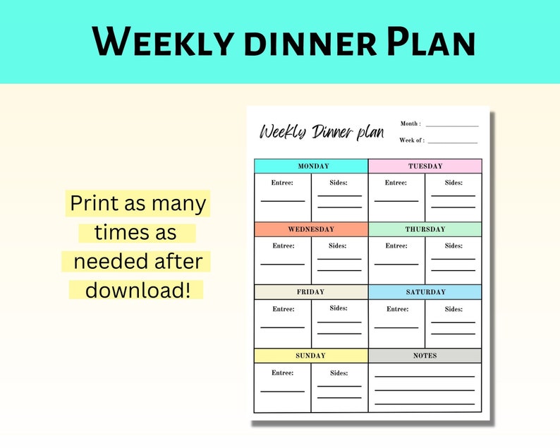 Weekly Dinner Plan Printable, Weekly Dinner Menu, Printable Dinner ...