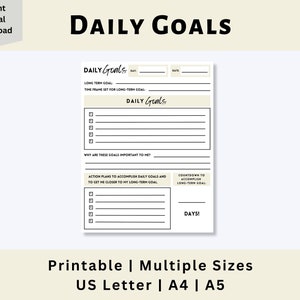 Daily Goal Sheet, Daily Goals Printable, Goal Planning, Goal Setting Printable, Goal Journal, Digital Download, US Letter, A4, A5, PDF