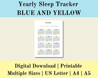 Yearly Sleep Tracker Blue Yellow Printable Log, Sleep Worksheet Journal Digital, Monthly Sleep Log, Digital Download, US Letter, A4, A5