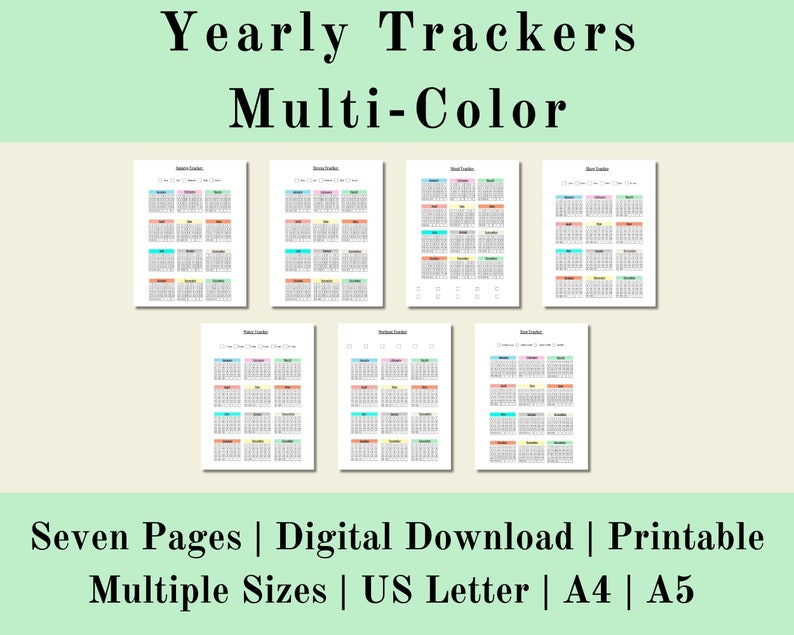 Yearly Trackers Multi Color Printable, Monthly Trackers Digital Log ...