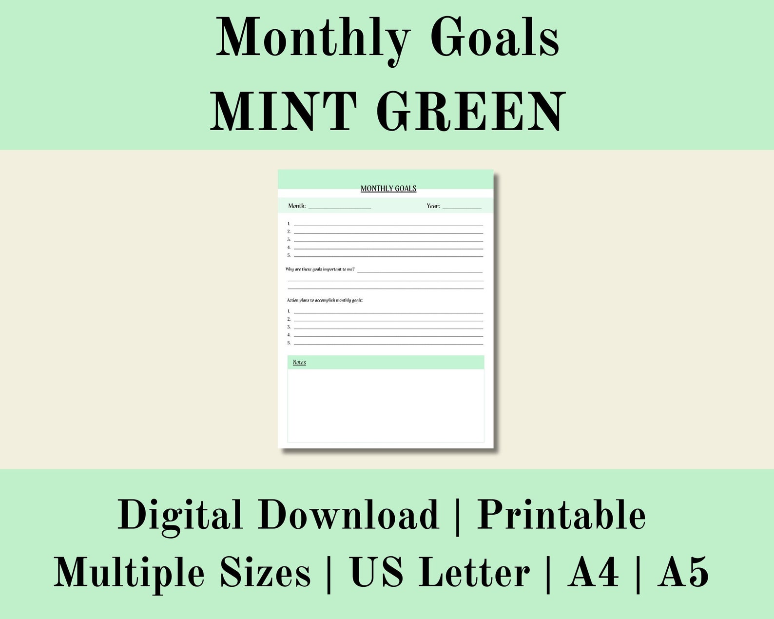 Monthly Goals Mint Green, Goals Digital Printable, Goal Setting ...