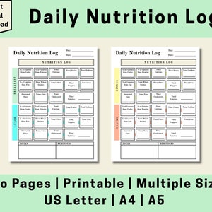 Daily Nutrition Log, Printable Nutrition Log, Food Tracker, Meal Tracker, Food Journal, Nutrition Log, Digital Download, US Letter, A4, A5