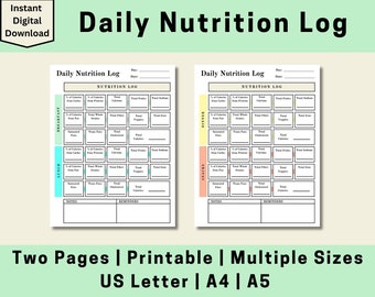 Daily Nutrition Log, Printable Nutrition Log, Food Tracker, Meal Tracker, Food Journal, Nutrition Log, Digital Download, US Letter, A4, A5