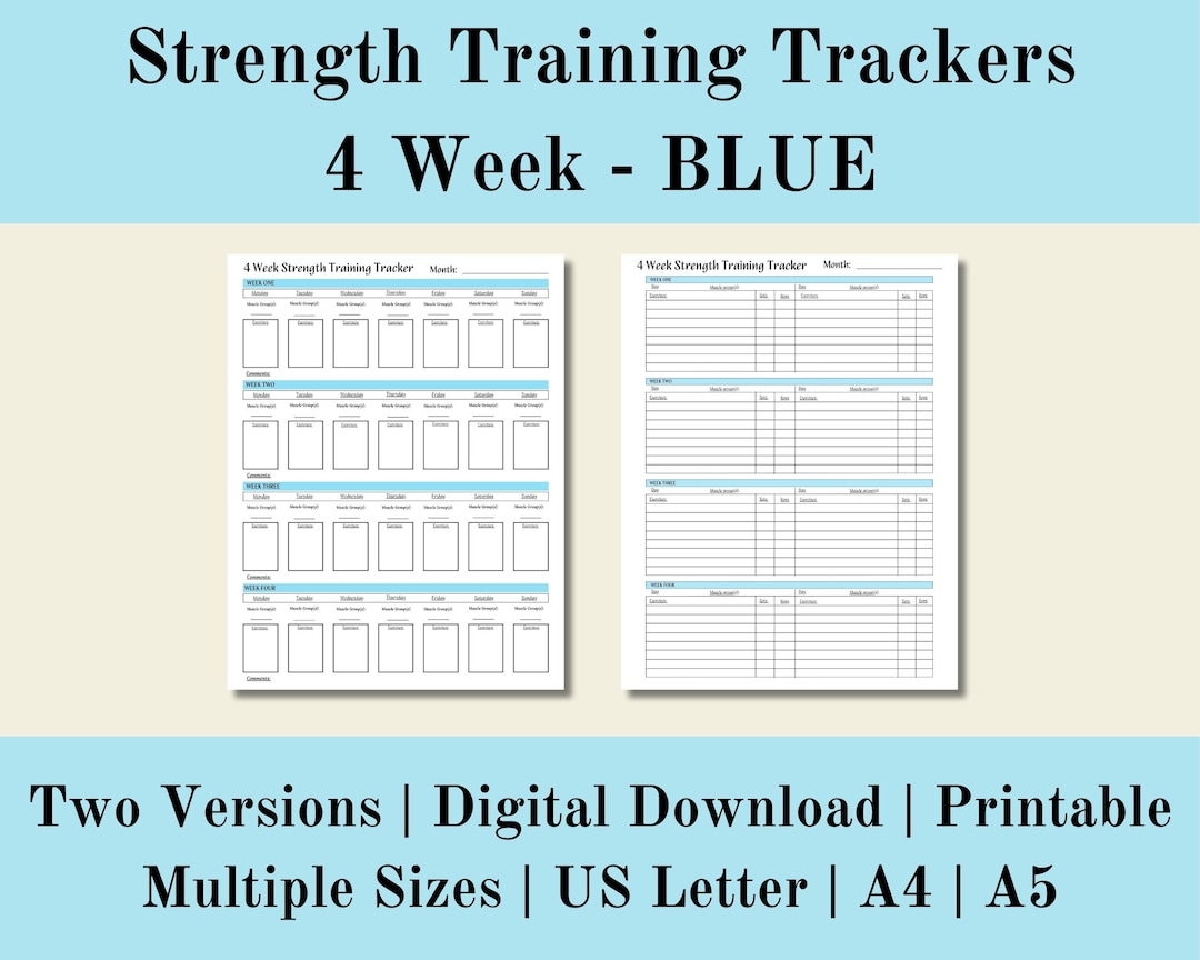 Weekly Strength Training 4 Week Trackers Blue, Fitness Tracker, Weight