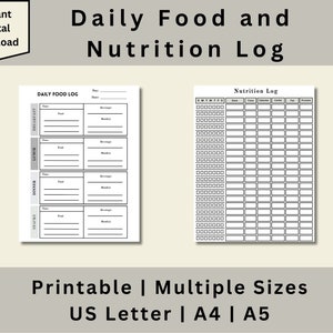 Printable Daily Food and Nutrition Log, Nutrition Log, Daily Food Log, Food Tracker, Meal Tracker, Digital Download, US Letter, A4, A5