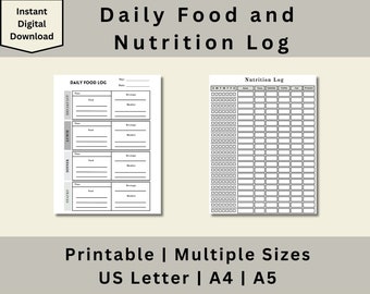 Printable Daily Food and Nutrition Log, Nutrition Log, Daily Food Log, Food Tracker, Meal Tracker, Digital Download, US Letter, A4, A5