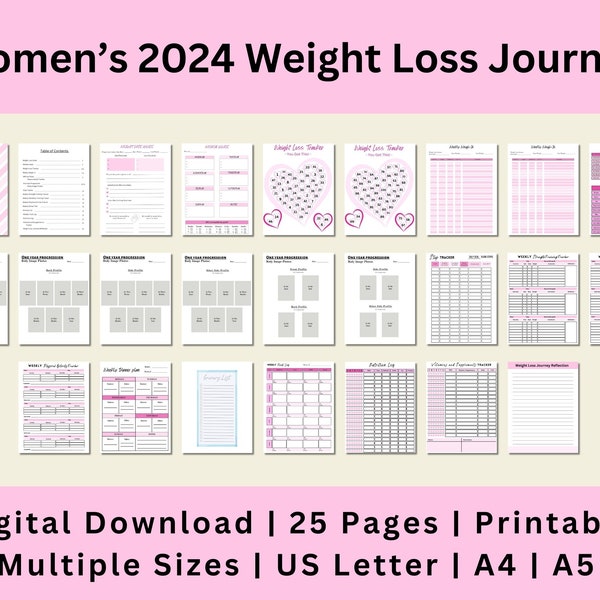 2024 Weight Loss Journal, Weight Loss Tracker, Body Measurements, Fitness Planner Printable, Food Log, Digital Download, US Letter, A4, A5