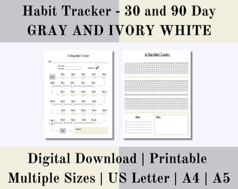 30 and 90 Day Habit Tracker Gray Ivory White Printable, Weekly Tracker Digital, Habit Challenge, Daily Habit Planner, Digital Download