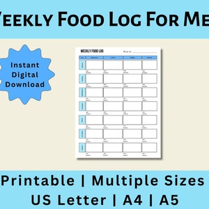 Weekly Food Log, Printable Weekly Food Log, Food Tracker, Meal Tracker, Weekly Food Journal, Digital Download, US Letter, A4, A5