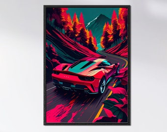 Episches Ferrari Poster auf kurvenreichen Bergstraße - Kontrast Poster im - Artwork Style, Wall Art, digitale Wandkunst, die Geschenk Idee