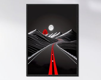 Schwarz & Rot Poster, minimalistisch, stilvolle Straßen Landschaft, Pinstripes - Artwork, Wall Art, digitale Wandkunst, die Geschenk Idee