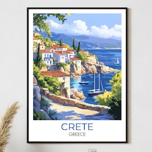Crete poster with coastal landscape & sailing boats – Greek wall decoration for living room, office or travel fans, travel artwork