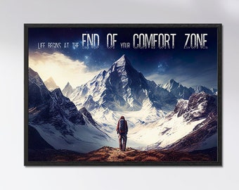 Poster Motivation Mountain, Motivational Overcome Limits, Living At The End Of The Comfort Zone, Artwork Adventure, Wall Art como idea de regalo