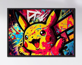 Pikachu Pop Art Poster, Fröhliches Pokemon, Graffiti Art, für Kinder und Pokemon Fans, Anime Wall Art, digitale Wandkunst als Geschenk Idee