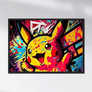Pikachu Pop Art Poster, Fröhliches Pokemon, Graffiti Art, für Kinder und Pokemon Fans, Anime Wall Art, digitale Wandkunst als Geschenk Idee