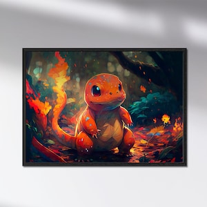 Glumanda Poster im Wald, Pokemon - Artwork im Anime Style, Wall Art als Po, digitale Wandkunst