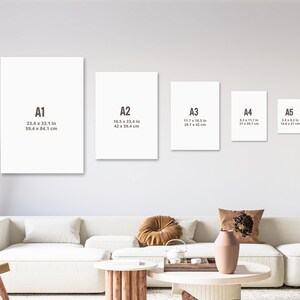 以下が含まれることがあります： A1、A2、A3、A4、A5の5つの異なる用紙サイズを比較しています。サイズは、白い壁に白い長方形として表示されています。各サイズの寸法は、インチとセンチメートルで表示されています。