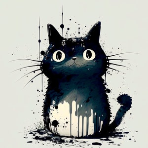 以下が含まれることがあります： 白の模様のある黒い猫が、スタイリッシュで抽象的なスタイルで描かれています。猫の毛皮は黒い塗料が垂れているように見え、ユニークで芸術的な効果を生み出しています。