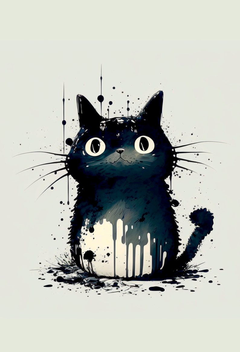 以下が含まれることがあります： 白の模様のある黒い猫が、スタイリッシュで抽象的なスタイルで描かれています。猫の毛皮は黒い塗料が垂れているように見え、ユニークで芸術的な効果を生み出しています。