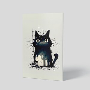 以下が含まれることがあります： 白い背景に黒い絵の具の飛沫がついた水彩画で描かれた、大きな目をした黒い猫です。