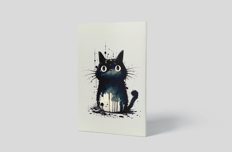 以下が含まれることがあります： 白い背景に黒い絵の具の飛沫がついた水彩画で描かれた、大きな目をした黒い猫です。