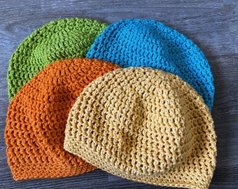 Bonnet en coton Des couleurs vives ! Bonnet au crochet printemps-été, bonnet chimio, taille unique pour femme, Plusieurs couleurs, un cadeau idéal !